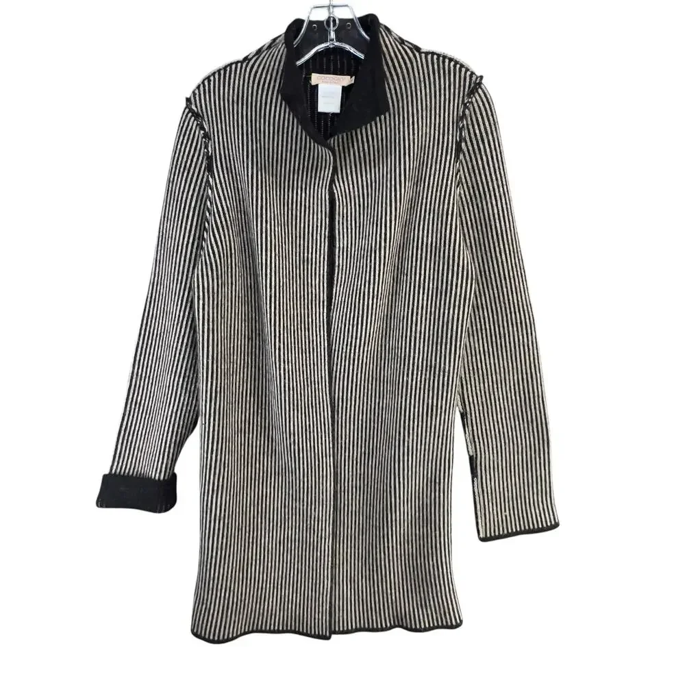 Cocogio Cardigan Sweater M Black‎ Tan Striped Wool Blend Cozy Coatigan Italy
